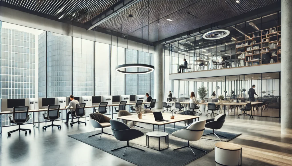 A modern business center in Finland, showcasing a spacious coworking area with sleek, contemporary furniture, large windows with natural light