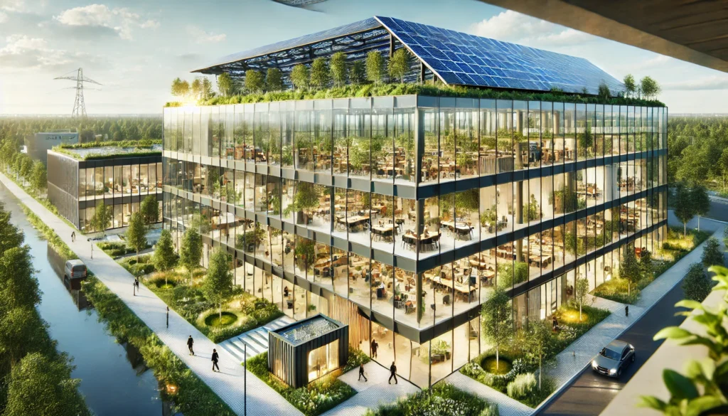 A modern, eco-friendly business center in Finland, showcasing green architecture with glass facades, solar panels on the roof, and a blend of natural