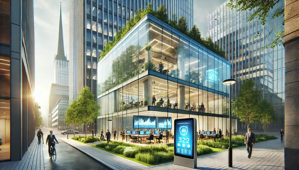 Modern Finnish business center with eco-friendly architecture and glass facades in a green urban environment.