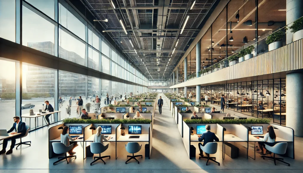 Modern business center with open workspaces, private booths, and tech infrastructure for remote-friendly work