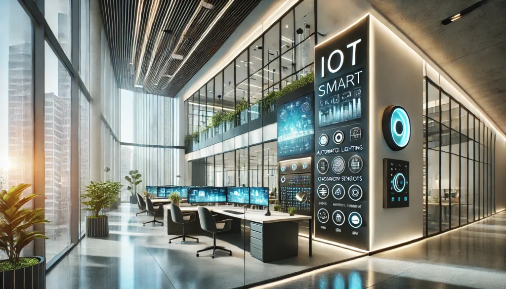 Smart technology-enabled business center in Finland with automated lighting, HVAC, and real-time occupancy sensors